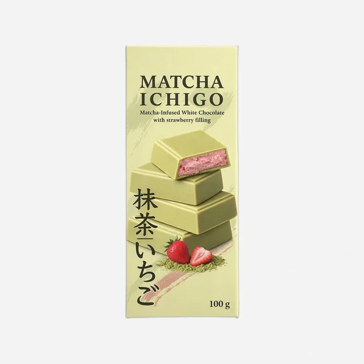Bílá čokoláda s příchutí matcha a jahodovou náplní